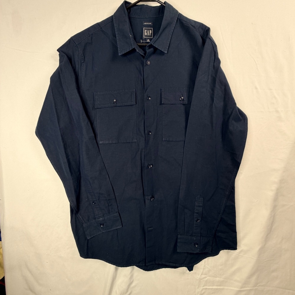 Gap Button Up Shirt XL Tall Navy Blue Linen Blend Long Sleeve Chest Pockets